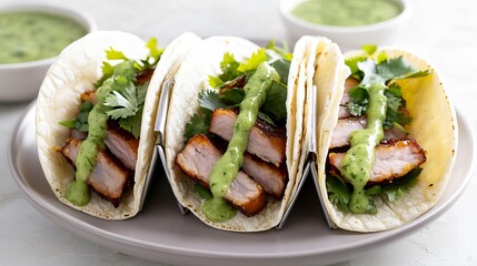 Tacos with crispy pork belly and drizzled with salsa verde