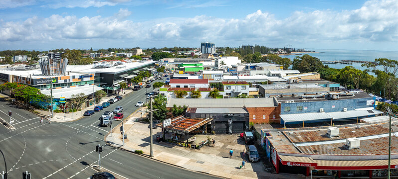 Elevated panoramic view of the main commercial street with shops in the town center of Redcliffe, Queensland, Australia. It is a coastal town and suburb in the City of Moreton Bay
