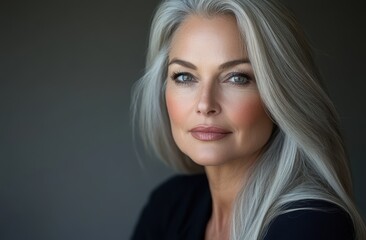 Naklejka premium A beautiful mature woman with gray hair looking at the camera
