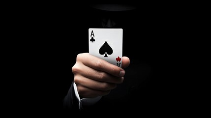 Mysterious Hand Holding Ace of Spades Card with Dark Background, Evoking Themes of Strategy, Chance, and Intrigue in a Poker Setting for Stock Photography