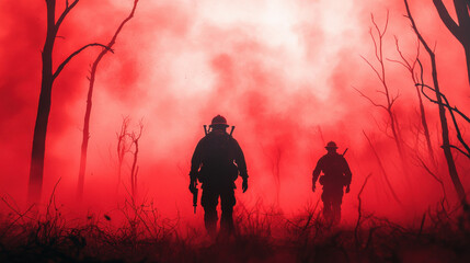 Fototapeta premium Two silhouetted figures walk through a smoky, red haze amid barren trees, evoking a sense of danger and urgency in a dramatic landscape.