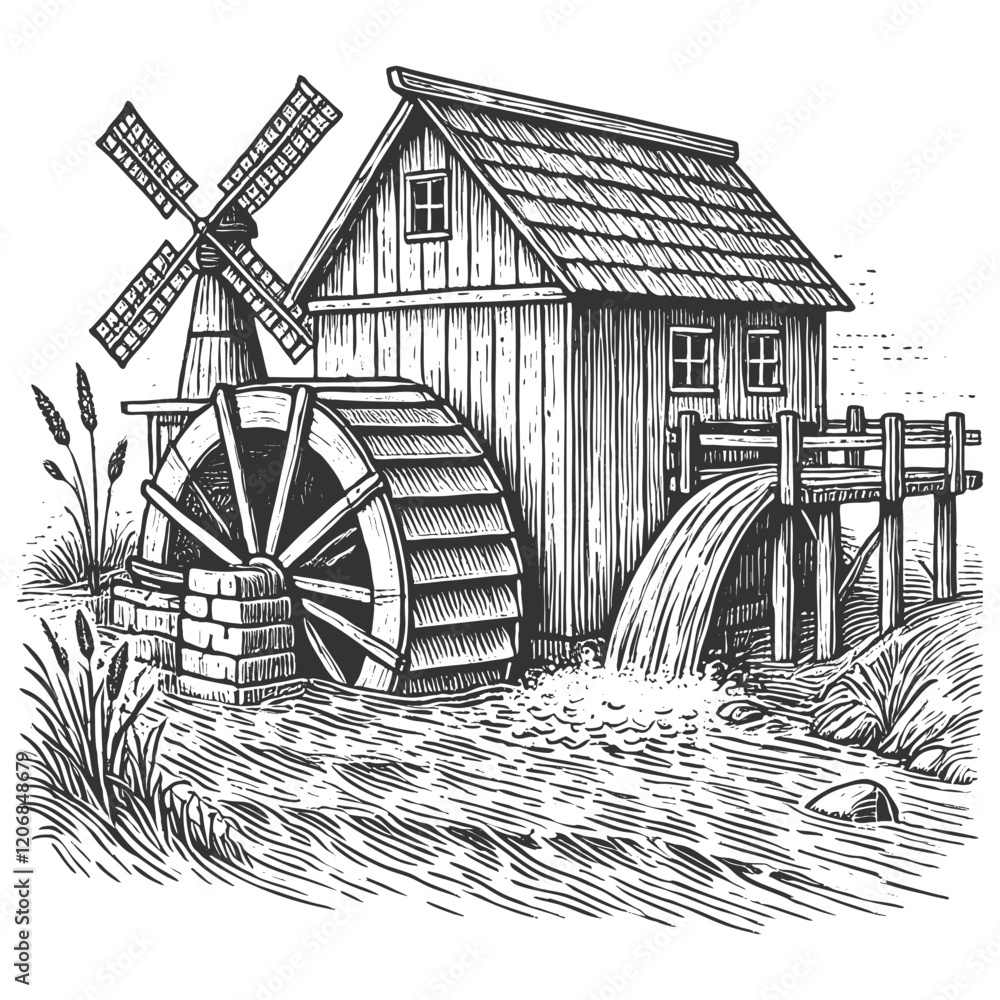 Poster watermill by a flowing stream, surrounded by trees and detailed engraved textures sketch engraving g
