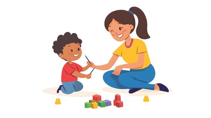 Preschool teacher helping child draw