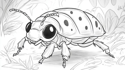Coloring page featuring an adorable bug with intricate details in a whimsical garden setting ready for creative expression