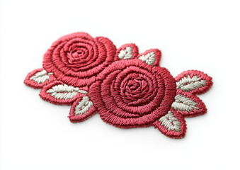 Obraz premium Embroidered rose patch design in deep ruby red with green leaves on white background