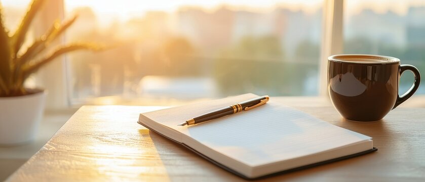 Warmth coziness well-being concept. A warm, inviting workspace featuring a notebook, pen, and coffee cup bathed in soft sunlight.