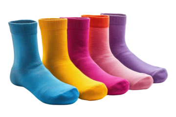 Colorful cotton socks arranged in a row on a white background showcasing bright hues and diverse sizes for casual wear