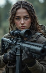 Fototapeta premium Professional Female Sniper in Action Precision Skill and Full Tactical Gear with Intense Focus