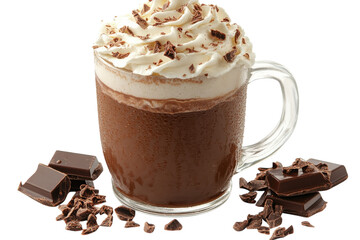 Decadent chocolate beverage topped with whipped cream and chocolate shavings