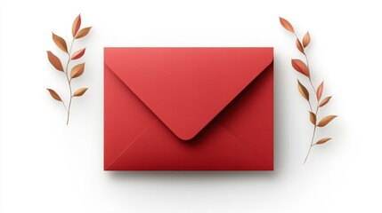 Stylish Red Envelope Surrounded by Elegant Leaves on a Soft White Background Ideal for Invitations, Greeting Cards, or Seasonal Celebrations