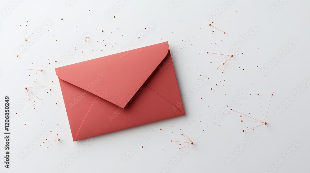 Poster pink envelope on a minimalistic background with decorative elements and scattered dots, perfect for 