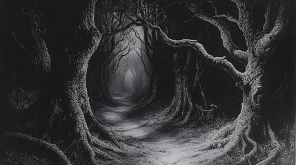 Intriguing Black and White Illustration of a Mysterious Path Winding Through a Dark Forest Evoking a Sense of Adventure and Enchantment in Nature
