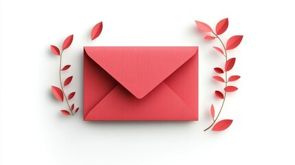 Red Envelope Surrounded by Delicate Paper Leaves on a Clean White Background, Perfect for Invitations, Personal Messages, or Romantic Correspondence