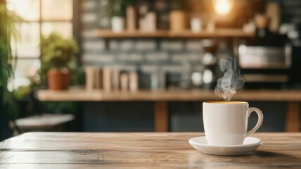 Fototapeta premium Warmth coziness well-being concept. A steaming cup of coffee on a wooden table in a cozy cafe setting with warm lighting and green plants in the background.