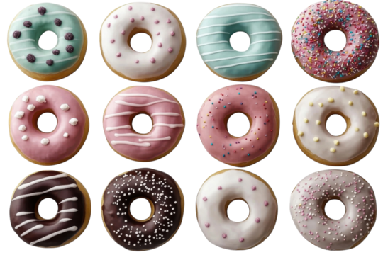 Assorted colorful donuts arranged in a grid displaying various toppings and icings perfect for dessert or snack time