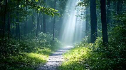 Serene Forest Pathway Bathed in Warm Sunlight Filtering Through Lush Green Trees Creating a Peaceful Natural Environment for Relaxation and Reflection