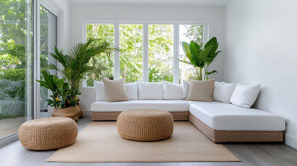 Cozy sunroom with modern sectional sofa and lush plants