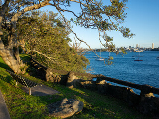 Naklejka premium The tranquil ambiance of Cremorne Point in Sydney, Australia. A park bench along the waterfront walking trail, with a scenic view of&nbsp;Sydney Harbour, cityscape, and sailing boats.