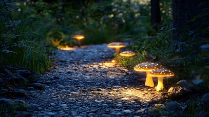 Enchanting Forest Path Adorned with Vibrant Mushrooms in Lush Greenery Inviting Exploration and Discovery of Nature's Hidden Beauty and Wonders