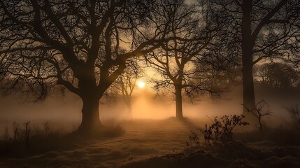 Mysterious Foggy Forest with Tall Trees and Sunlight Breaking Through the Mist Creating an Enchanting and Ethereal Atmosphere of Nature's Beauty
