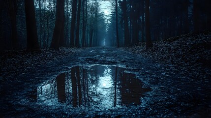 Tranquil Forest Scene Featuring a Glimmering Puddle Surrounded by Lush Greenery and Soft Sunlight Creating a Peaceful and Serene Atmosphere