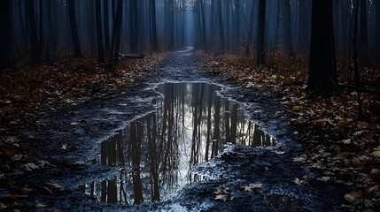 Calm Forest Scene Featuring a Glimmering Puddle Surrounded by Lush Green Trees and Sunlight Filtering Through the Leaves Creating a Tranquil Atmosphere