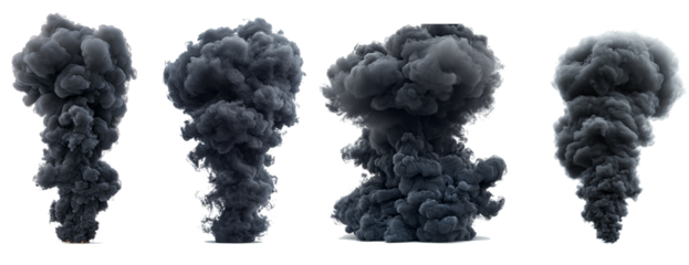 Set of black steam looking like smoke isolated on white background. Collection of clouds of black smoke.