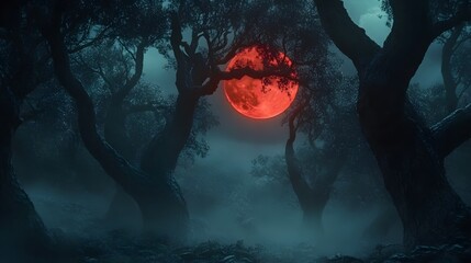 Mysterious and Enigmatic Dark Forest Illuminated by a Striking Red Moon Creating an Otherworldly Atmosphere of Intrigue and Beauty in Nature