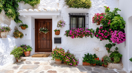 charming house entrance adorned with vibrant flowers and greenery