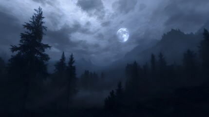 Mysterious Dark Forest Bathed in Ethereal Moonlight Creating an Enigmatic and Haunting Atmosphere with Shadows and Soft Glow of the Night Sky