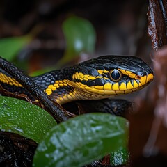 Obraz premium Black and Yellow Snake in Lush Green Rainforest Habitat Close Up