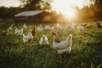 Golden hour light illuminates chickens freely grazing in the lush green grass of a free range egg farm