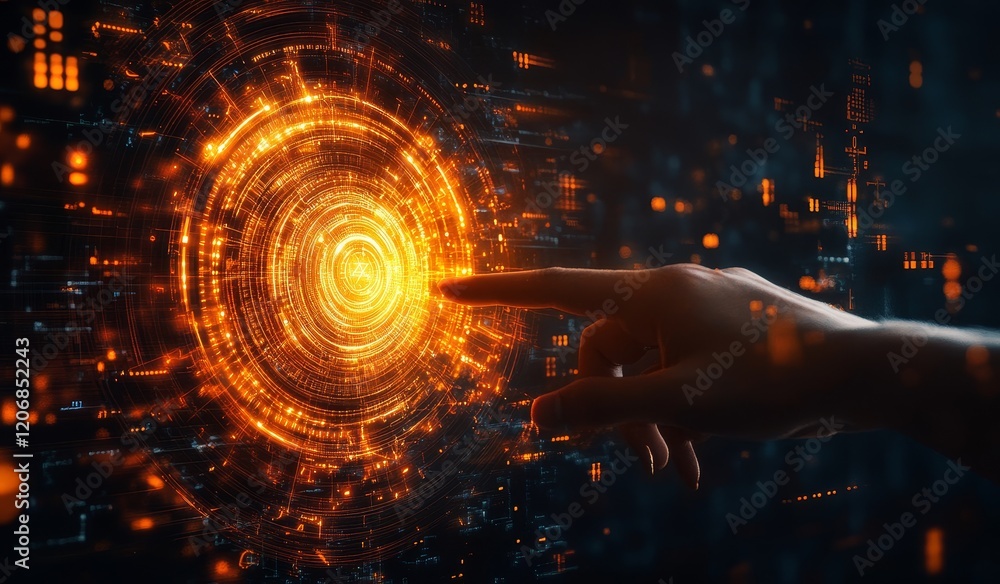 Aufkleber Hand activating glowing circular digital interface.