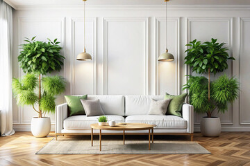 Modern living room with white walls, sofa and hanging plants, interior photography