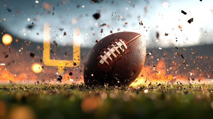 American football ball on field with dramatic lighting and motion blur, capturing excitement of game. Perfect for sports enthusiasts and event promotions