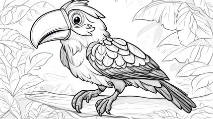 Enjoy a delightful coloring experience with a friendly tropical bird perched among lush leaves in this imaginative design