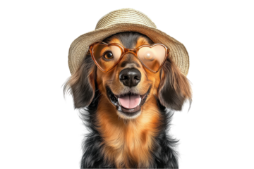 Dachshund wearing heart-shaped glasses and a cute sun hat isolated on white or transparent PNG