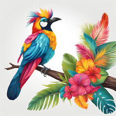 Fototapeta premium A vibrant illustration of a tropical bird with colorful feathers perched on a branch, surrounded by lush flowers and leaves, embodying exotic beauty and artistic charm.