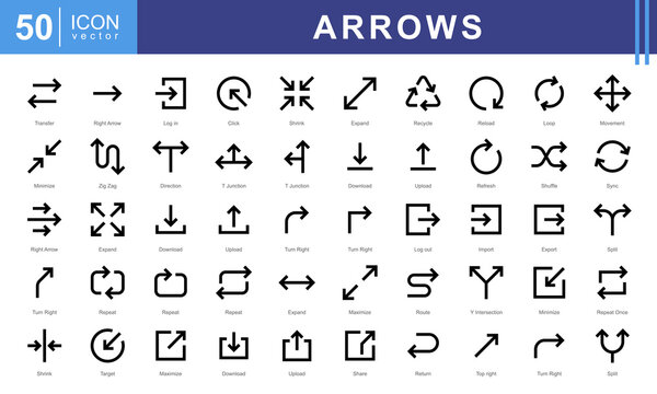 Arrows icon collection set. Containing download, upload, refresh, Log out, Import, Export, Split, Repeat, Maximize icon.