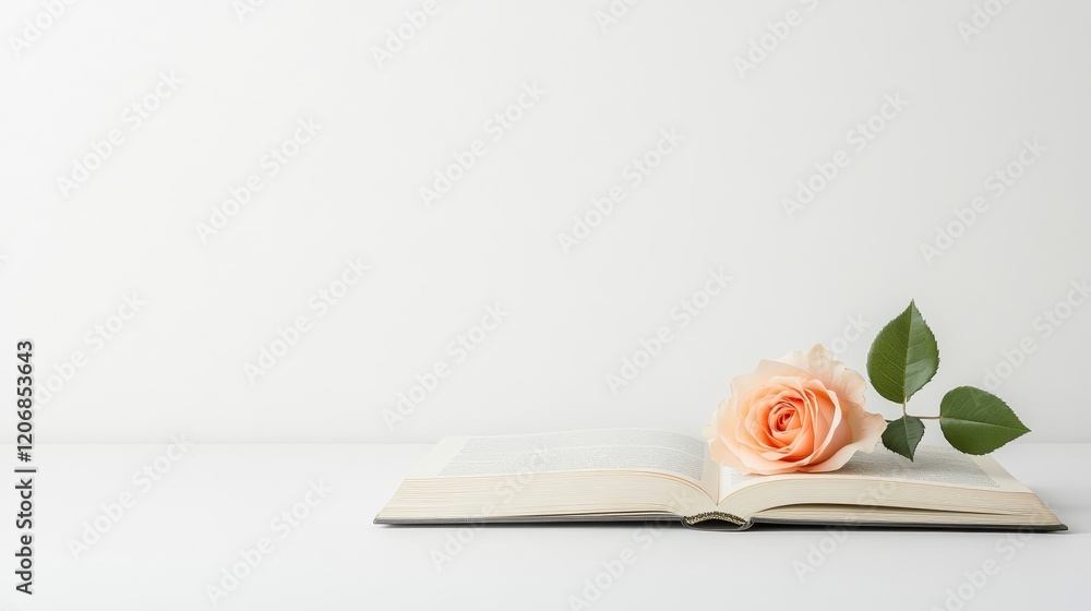 Aufkleber elegant peach rose resting on an open book displaying pages, softly lit background with minimalist a