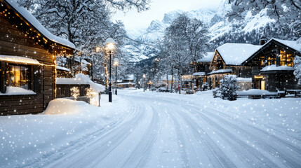 Naklejka premium magical snow covered village with twinkling lights and serene beauty