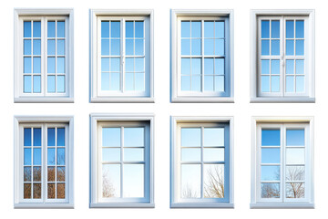 Collection of stylish white windows showcasing clear reflections under bright daylight