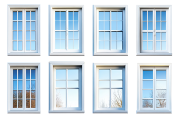 Collection of stylish white windows showcasing clear reflections under bright daylight