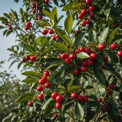 A miracle fruit tree with small, red berries and green leaves on a clear background.