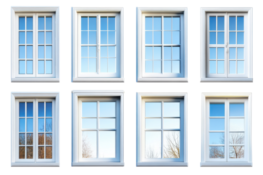 Collection of stylish white windows showcasing clear reflections under bright daylight