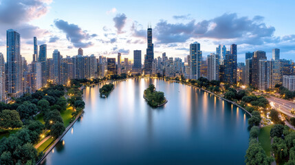 Naklejka premium panoramic view of skyline city at dusk with clouds and reflections