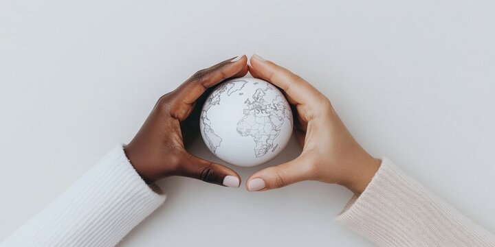 Diverse hands unity holding earth globe to represent global connection and harmony