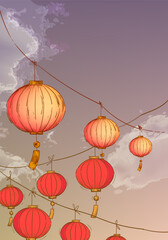 Obraz premium Chinese New Year 2025 in red, gold and white colors with lantern, lamp, light vector background. Design template for banner, cards, poster and greeting.