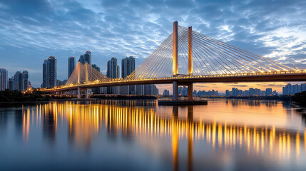 Naklejka premium stunning skyline at dusk featuring bridge reflecting in water