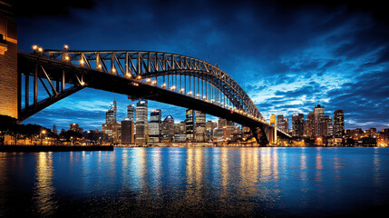 Naklejka premium stunning skyline at dusk with bridge reflecting on water